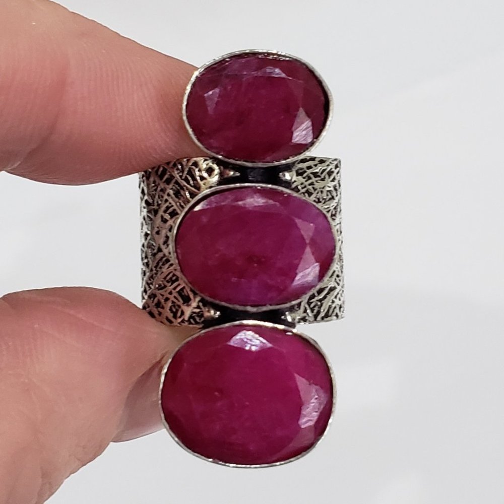 Beautiful Handmade Kashmir Red Ruby Gem 925 Wide Band Ring